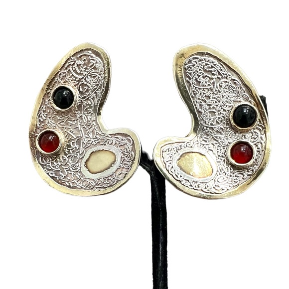 VINTAGE LEBITSKI STERLING WITH BLACK & AMBER CABACHON STONES CLIP ON EARRINGS - Picture 1 of 15
